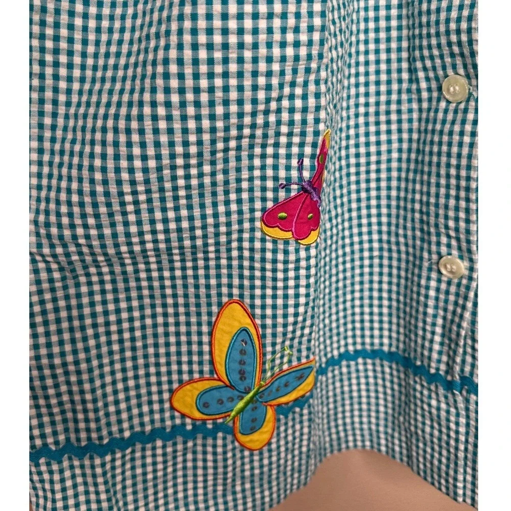 Good Lad VTG Linen Girls Blue Gingham Butterfly Flower Embroidered Dress 12 boho
